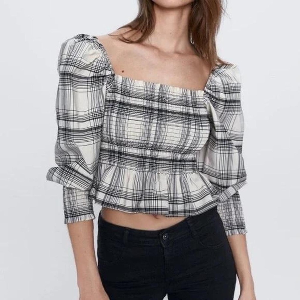 Zara Smocked Check Cotton/Linen Crop Top size Large